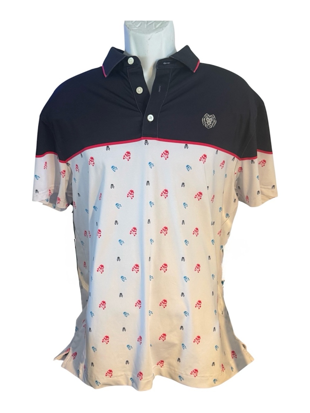 Elevate Men’s XL Skull Print Color Block Performance Polo Shirt Navy White Red